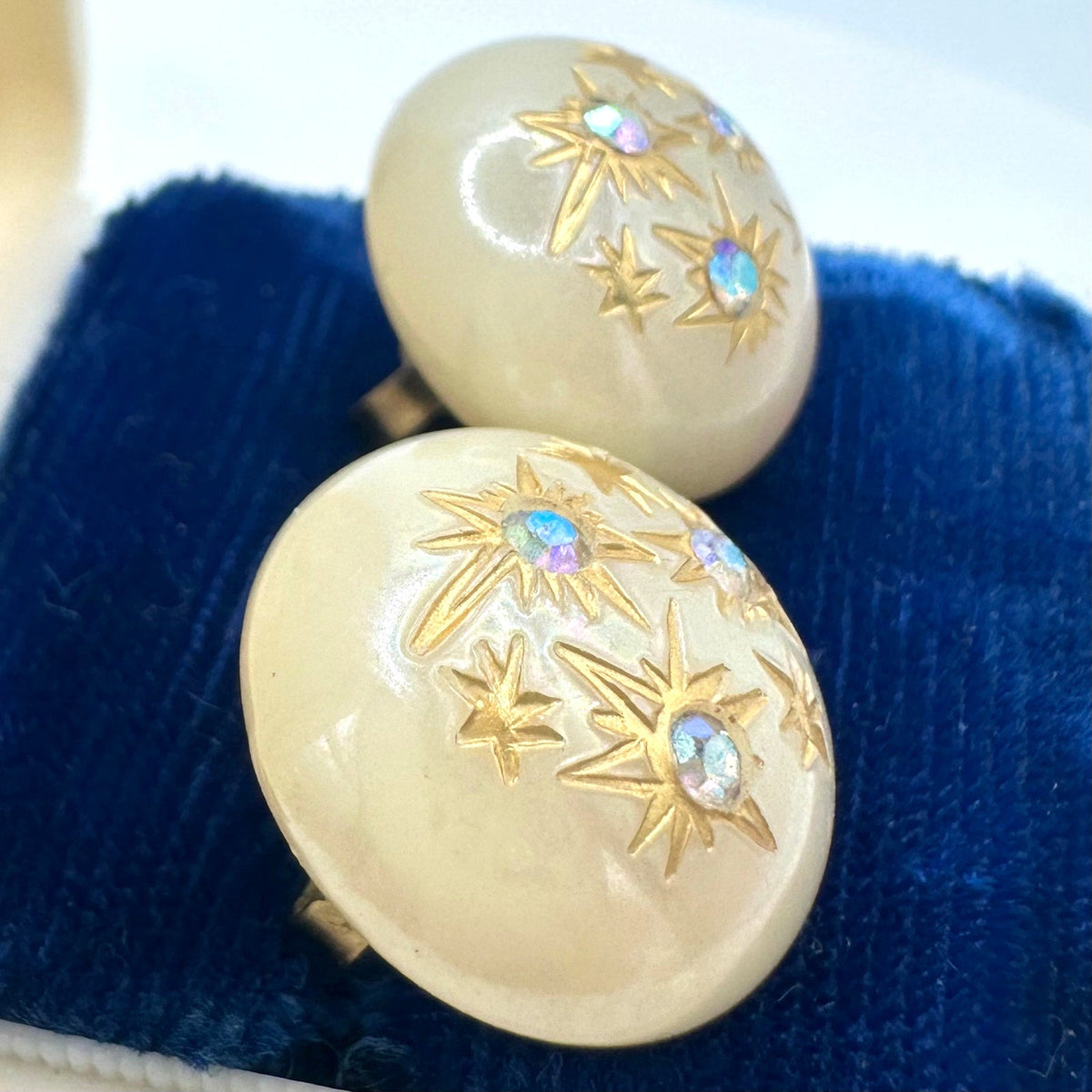 Vintage gold tone AB rhinestones domed cream lucite post earrings