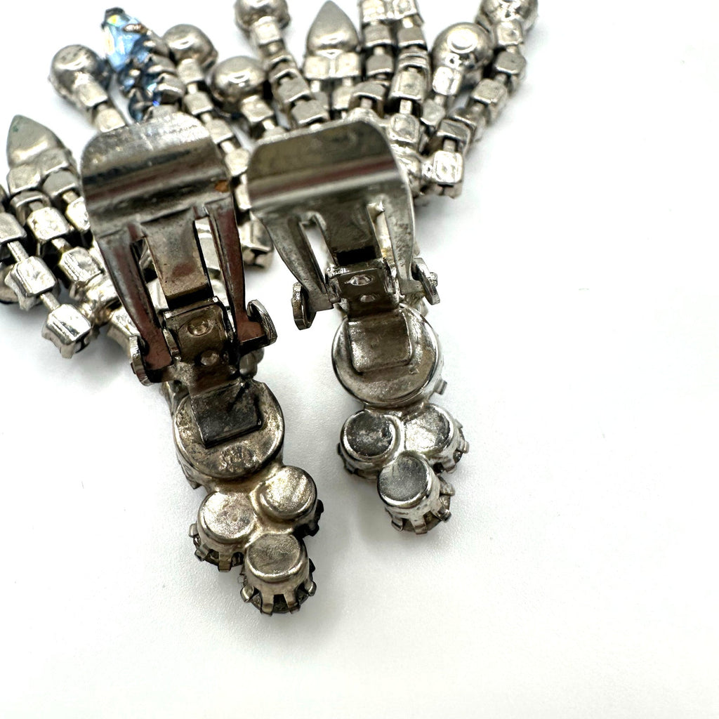 Vintage silver tone light blue clear rhinestones drop fringe clip on earrings