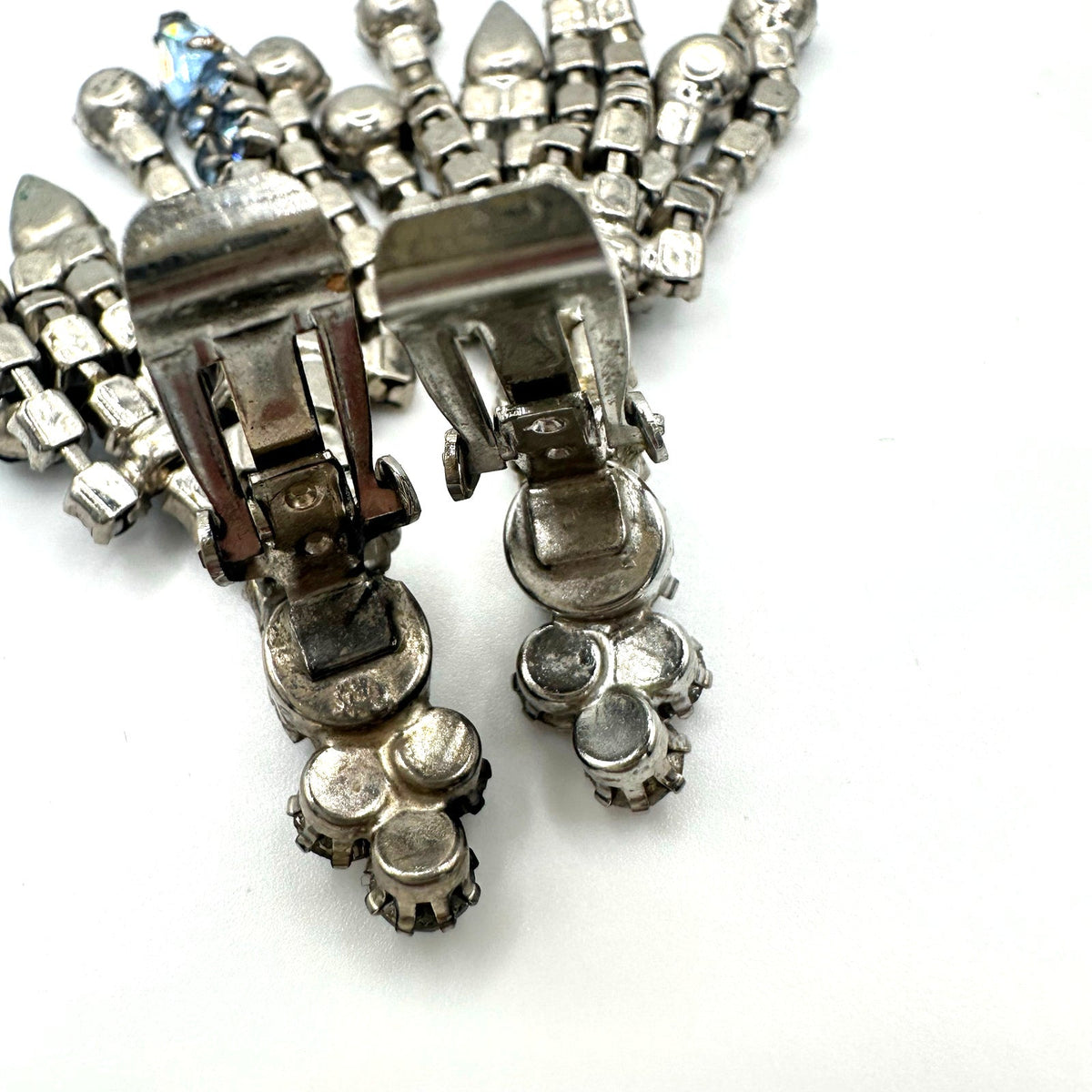 Vintage silver tone light blue clear rhinestones drop fringe clip on earrings