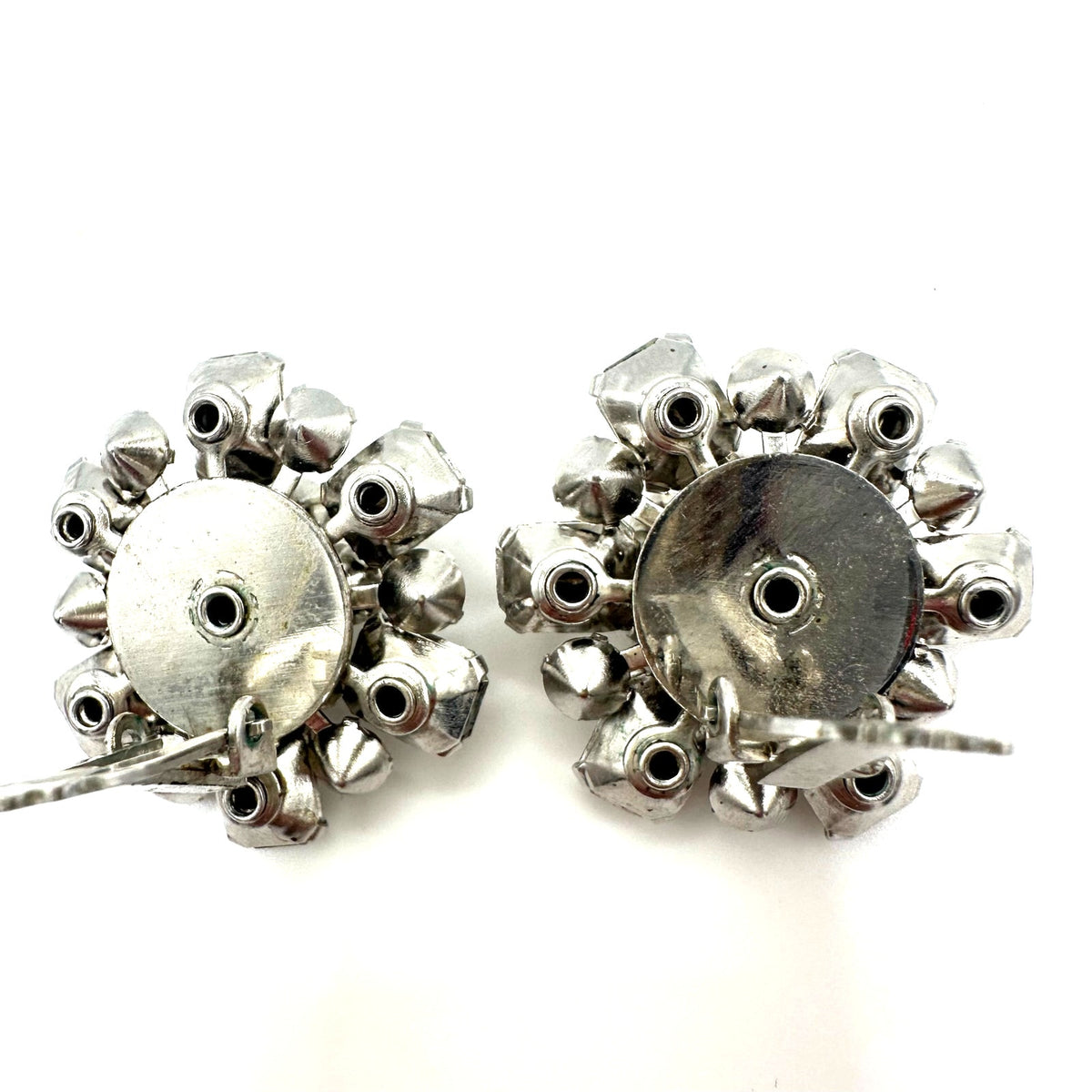 1950s vintage silver tone clear glass rhinestones cluster clip on earrings