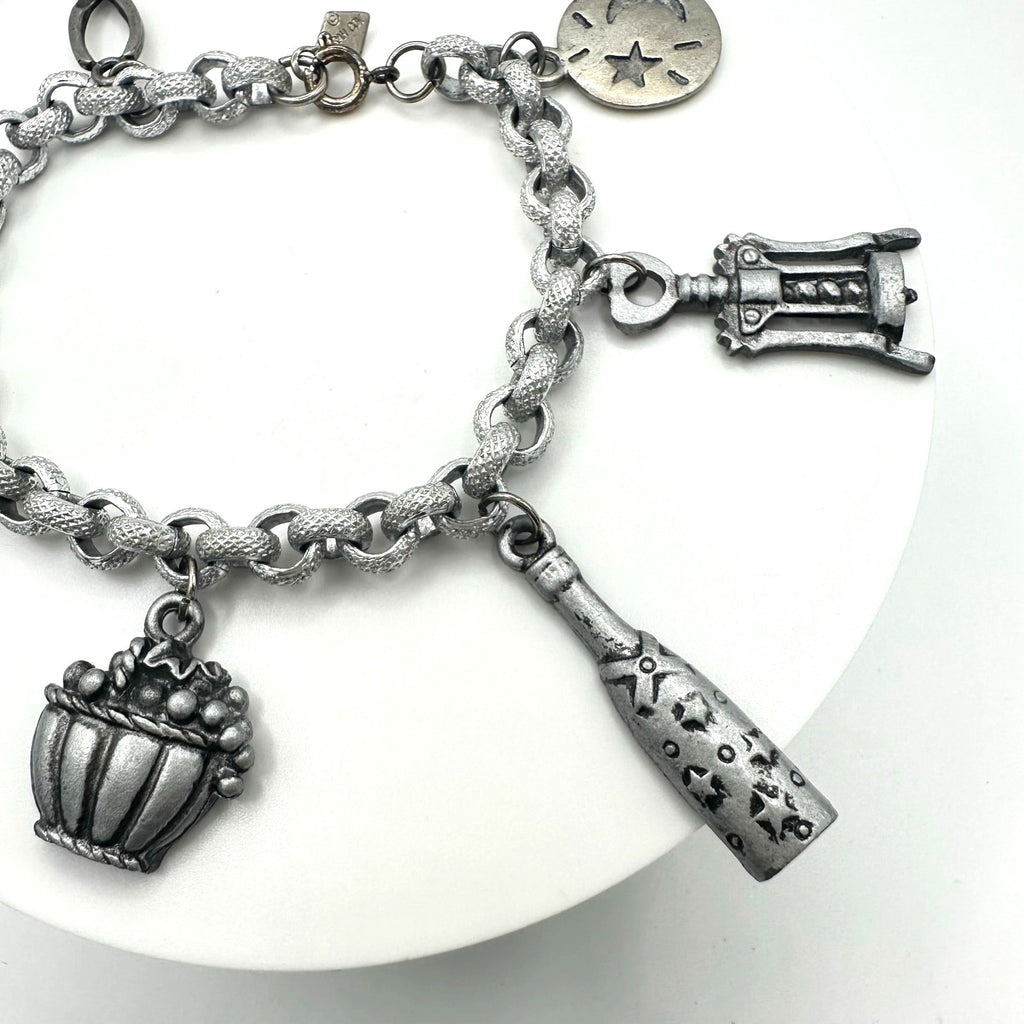 Vintage Sarah Coventry silver tone chain handmade wine charms bracelet 7.75"