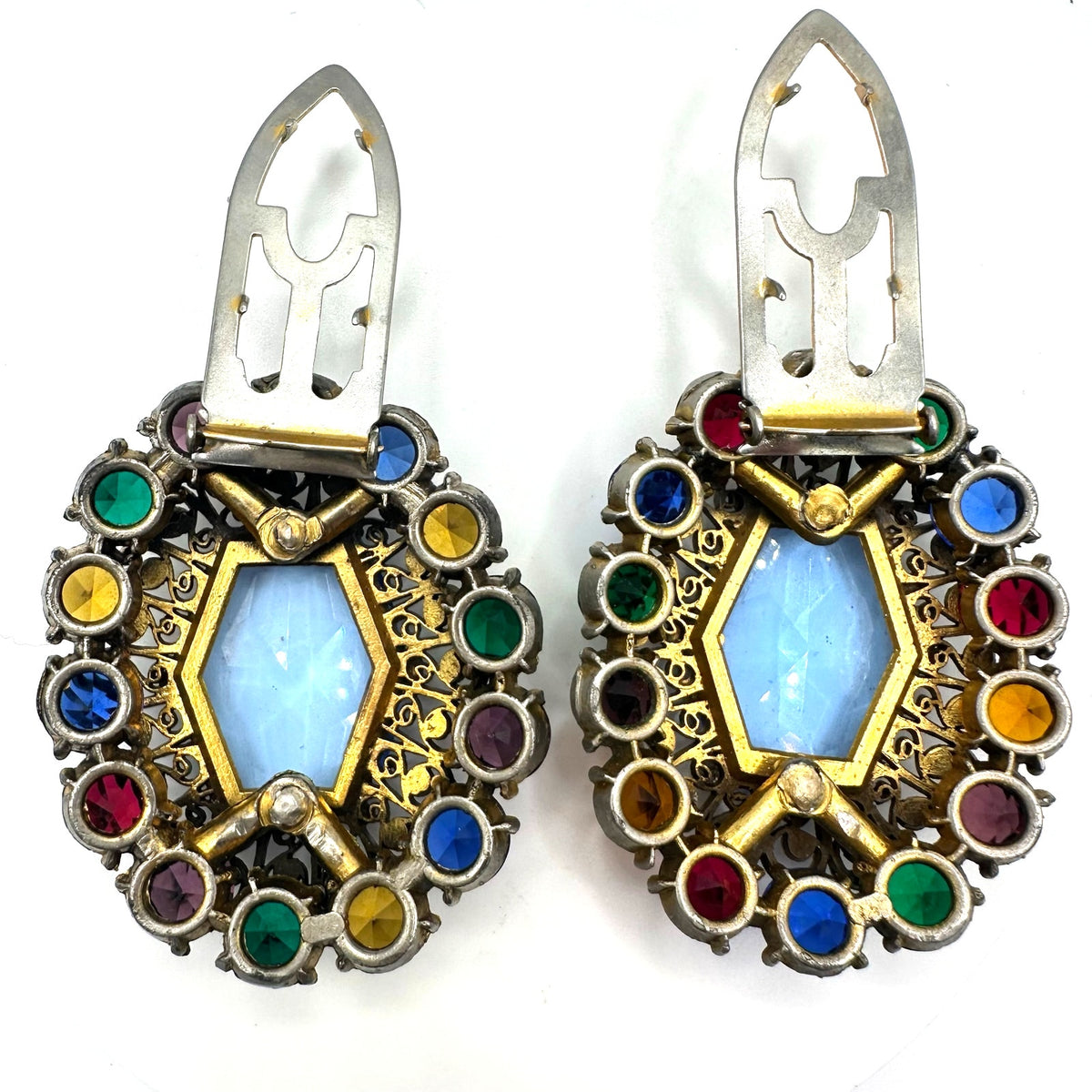 1930s 1940s Art Deco large multicolor Czech glass rhinestones set 2 dress clips