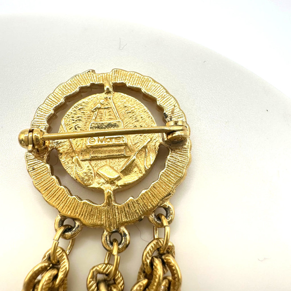 Monet 1980s vintage gold plated double 2 cameo Roman coins chains swag brooch