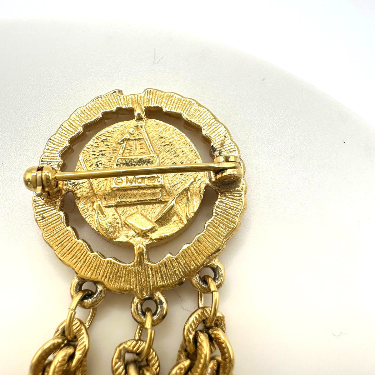 Monet 1980s vintage gold plated double 2 cameo Roman coins chains swag brooch