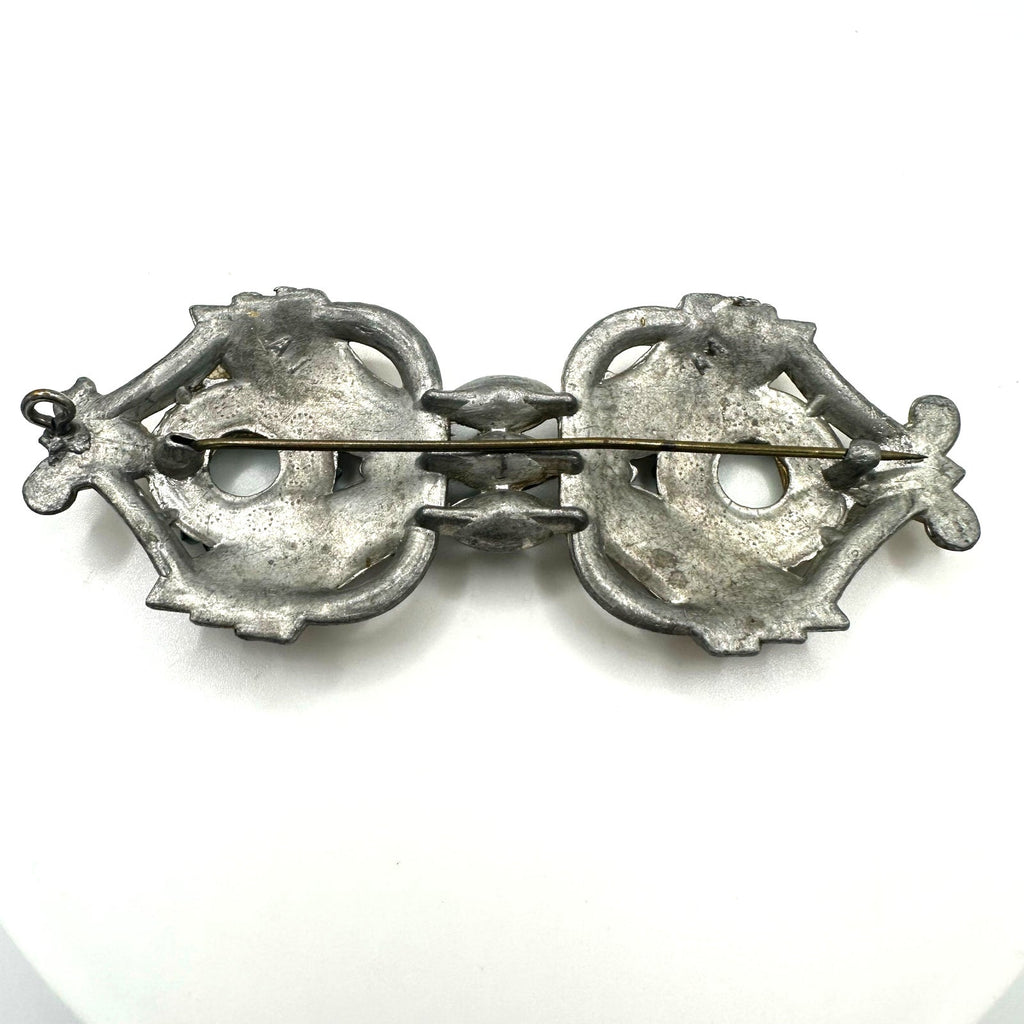 1930s antique Art Deco gold tone pot metal green clear Czech rhinestones brooch