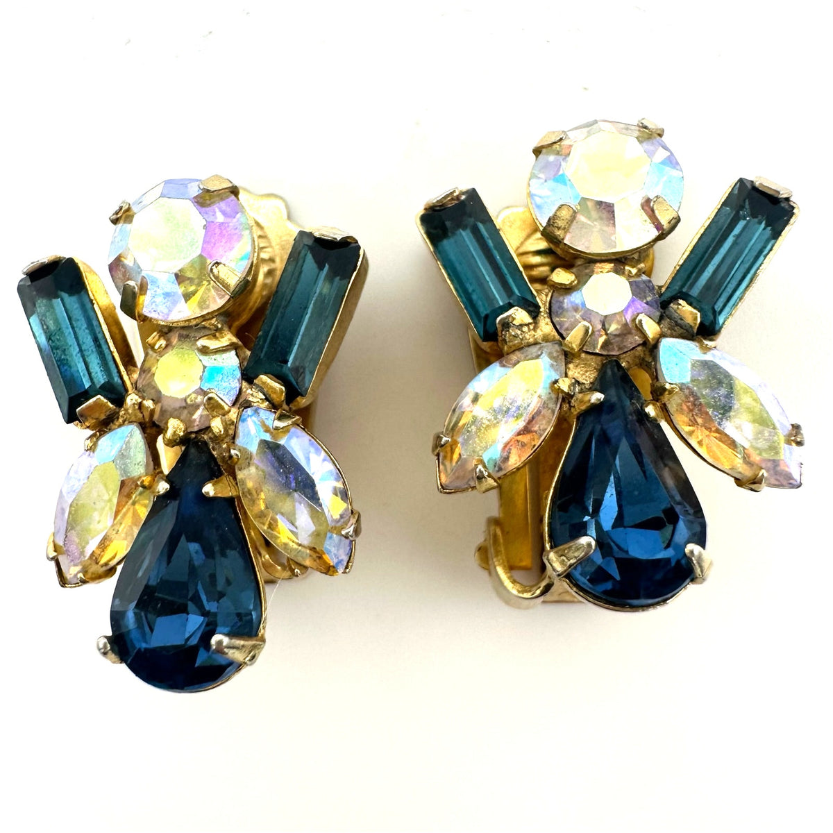 Vintage 1950s gold tone blue aurora borealis AB rhinestones clip on earrings