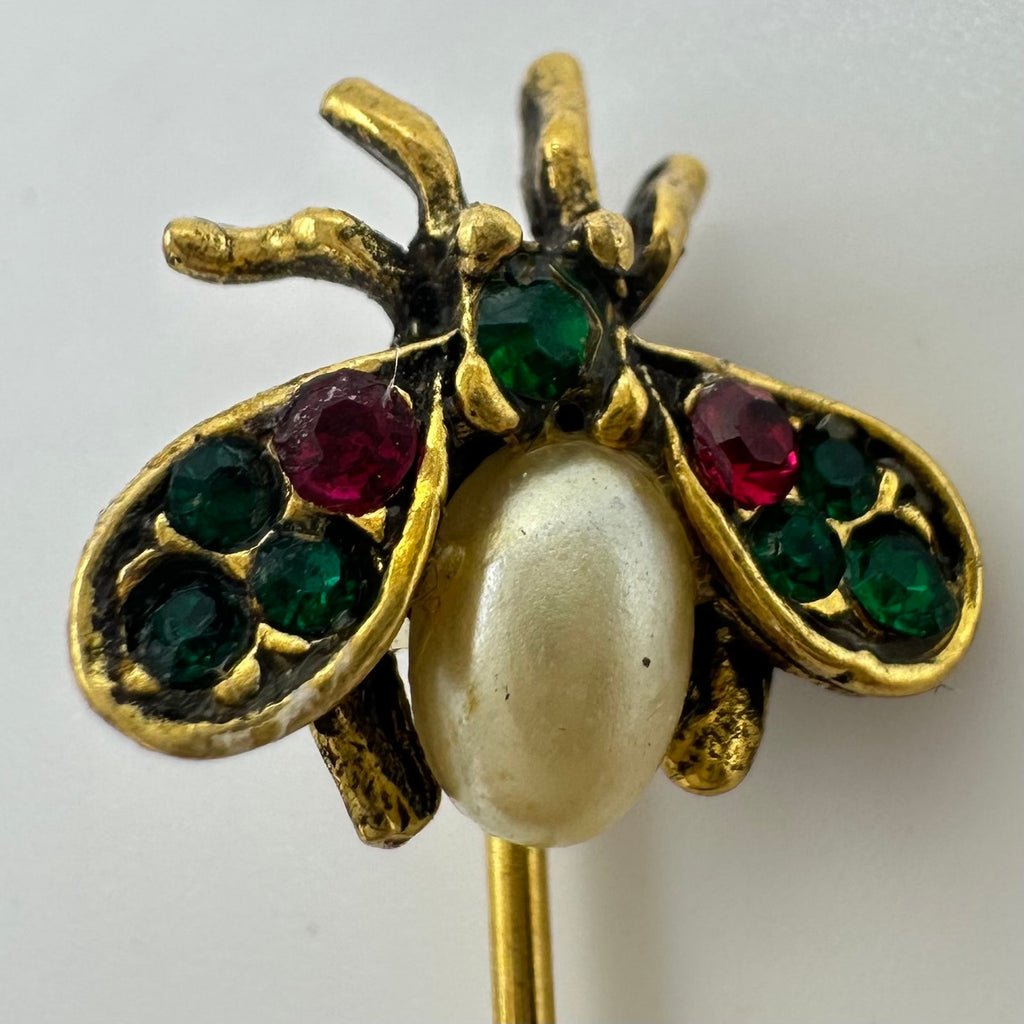 Vintage gold tone red green rhinestones faux pearl bumblebee stick pin brooch