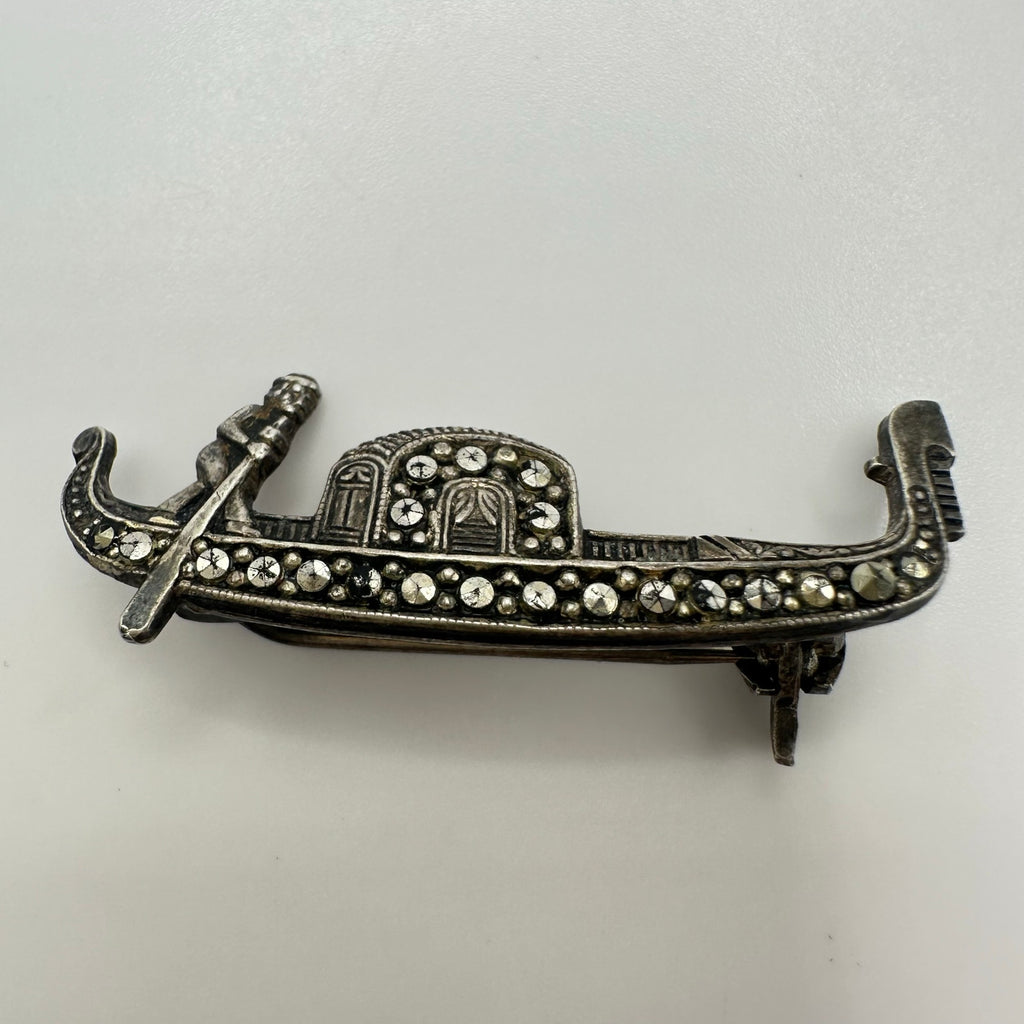 Antique Art Deco 925 sterling silver marcasite gondola boat figural brooch pin
