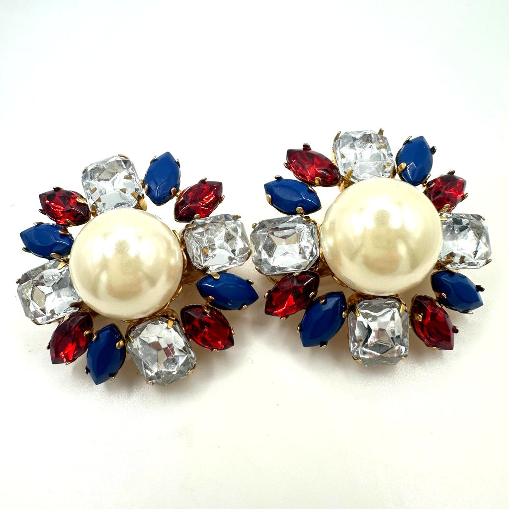 Vintage gold tone red blue clear lucite rhinestones faux pearl clip on earrings