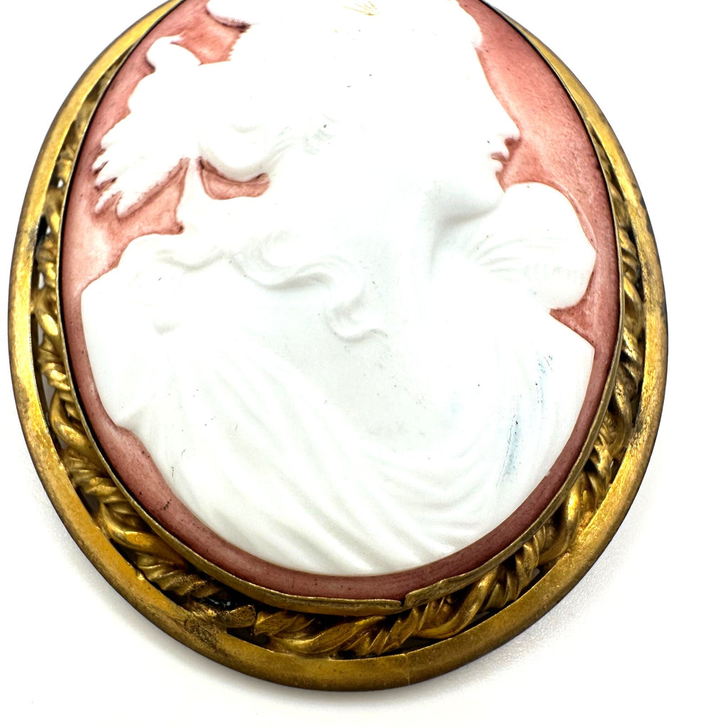 Antique Art Deco 1920s massive white pink porcelain cameo gold tone brooch