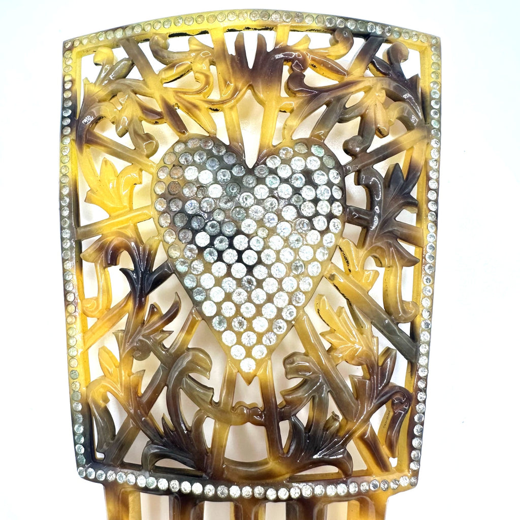 Antique Art Deco faux tortoiseshell celluloid rhinestones heart floral hair comb