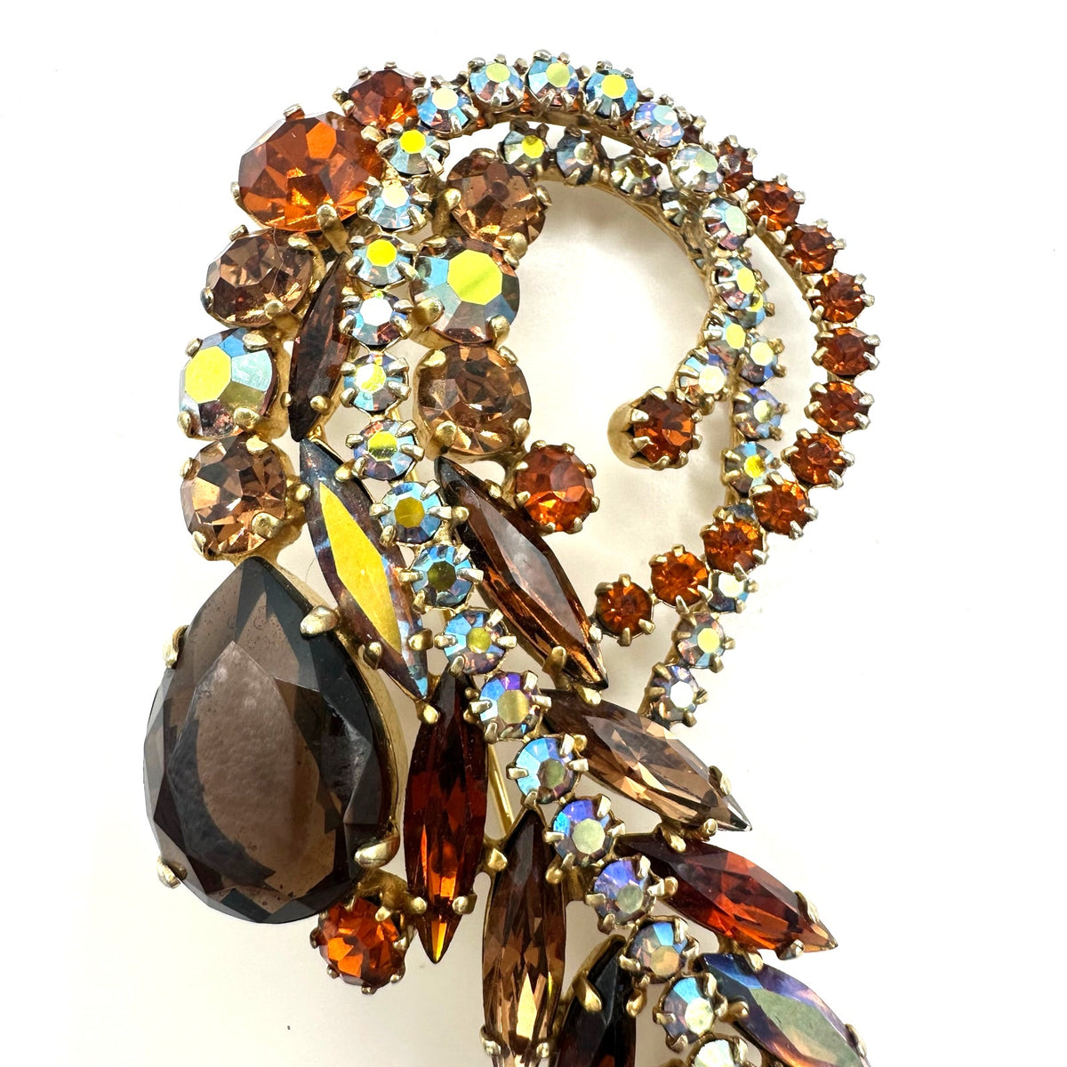Vintage gold tone amber brown topaz glass AB aurora borealis rhinestones brooch