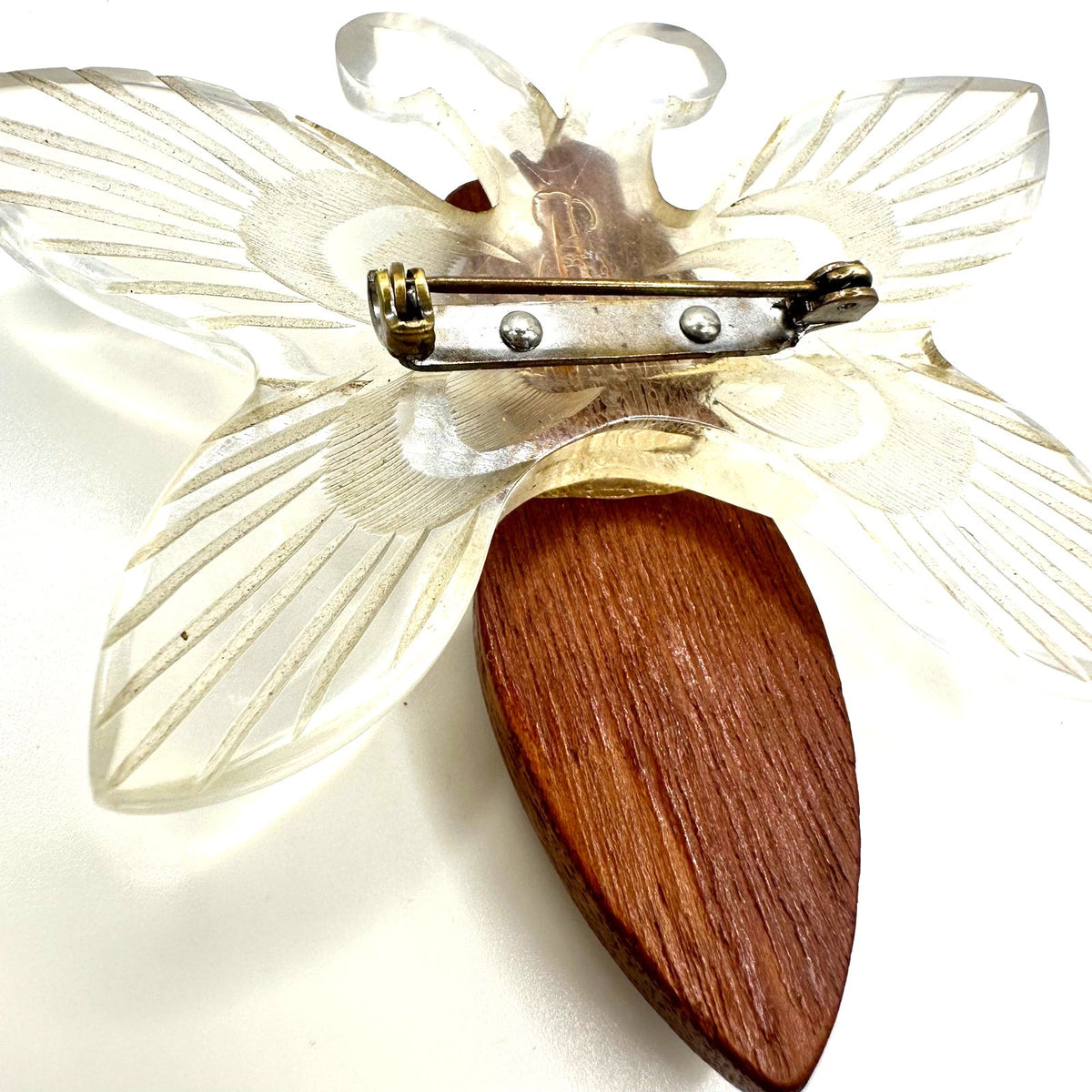 1940s retro vintage clear carved lucite brown wood large butterfly figure brooch