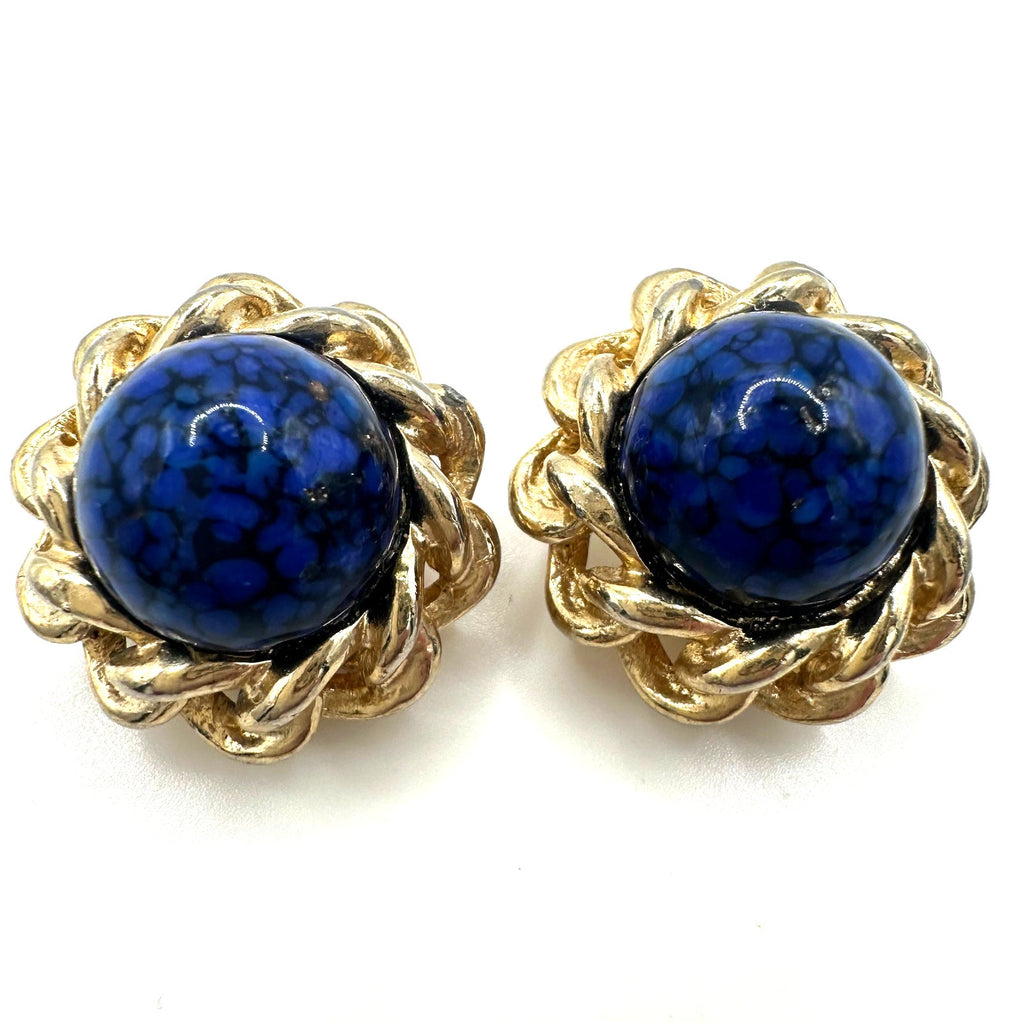 Gay Boyer  vintage gold tone blue art glass cabochon clip on earrings
