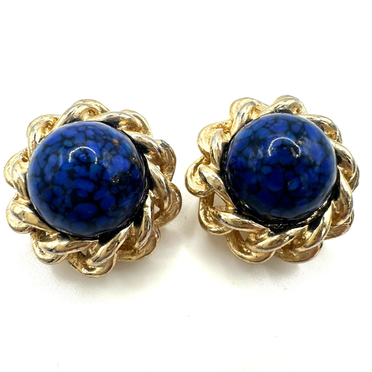 Gay Boyer  vintage gold tone blue art glass cabochon clip on earrings