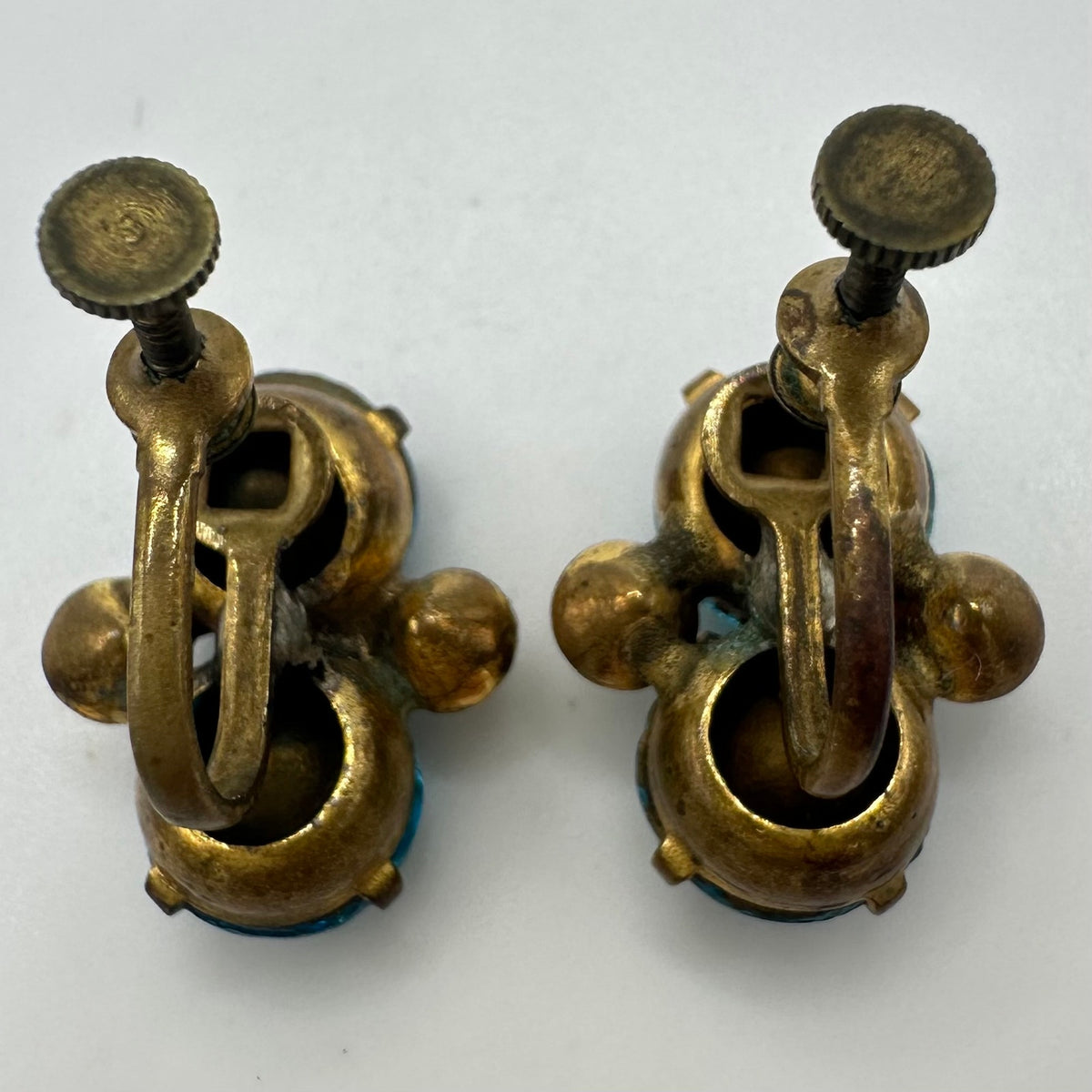 Antique gold tone blue Czech glass clear rhinestones screw back earrings