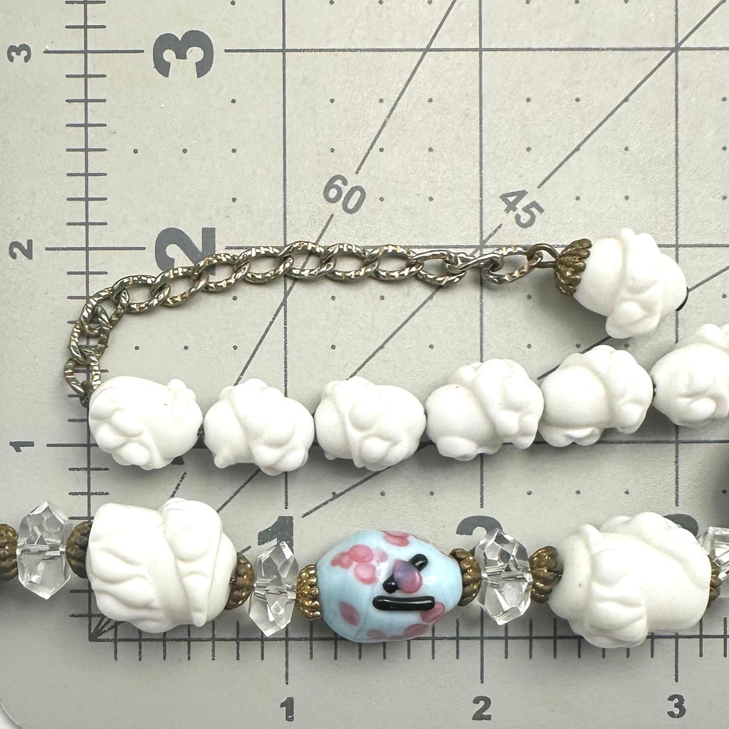 Vintage 1940s white milk art glass blue pink lampwork gold tone beaded necklace