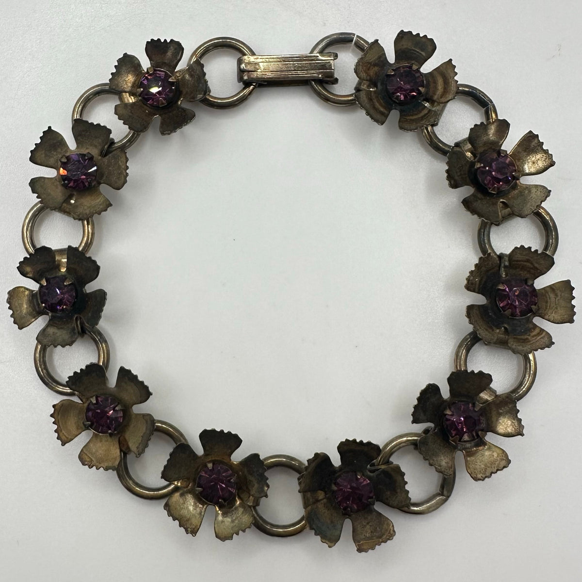 Vintage retro 1940s gold tone brass flowers purple rhinestones flex bracelet