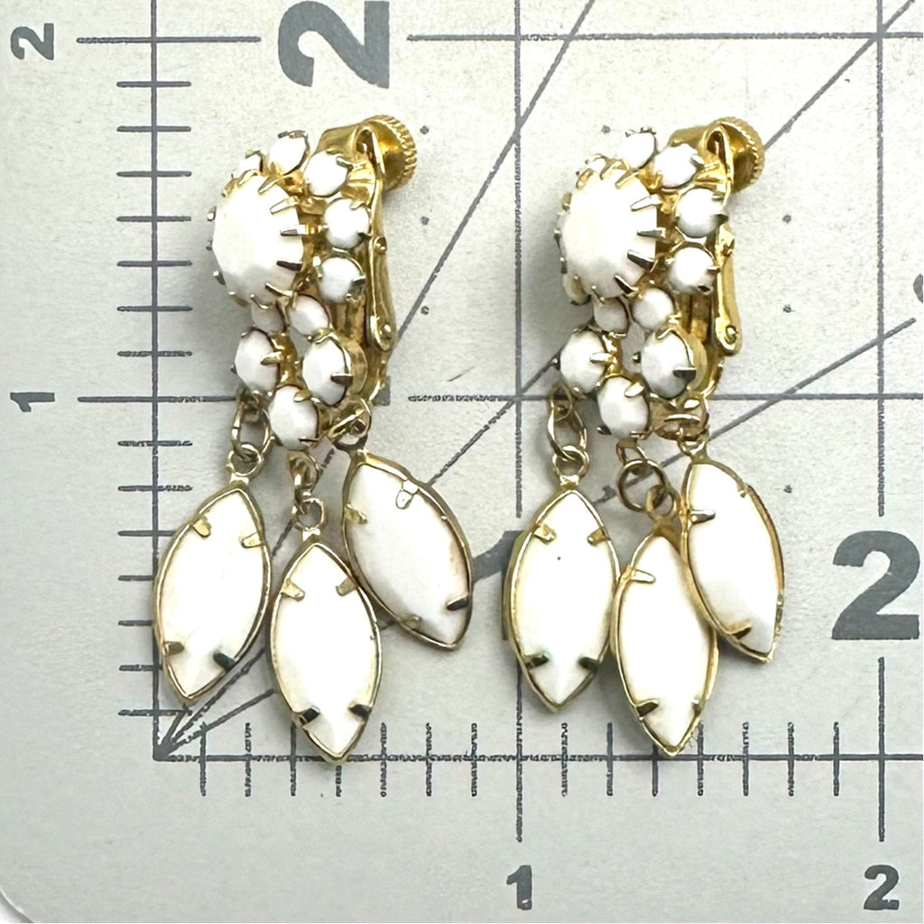 Vendome gold tone white milk glass rhinestones dangle clip on earrings