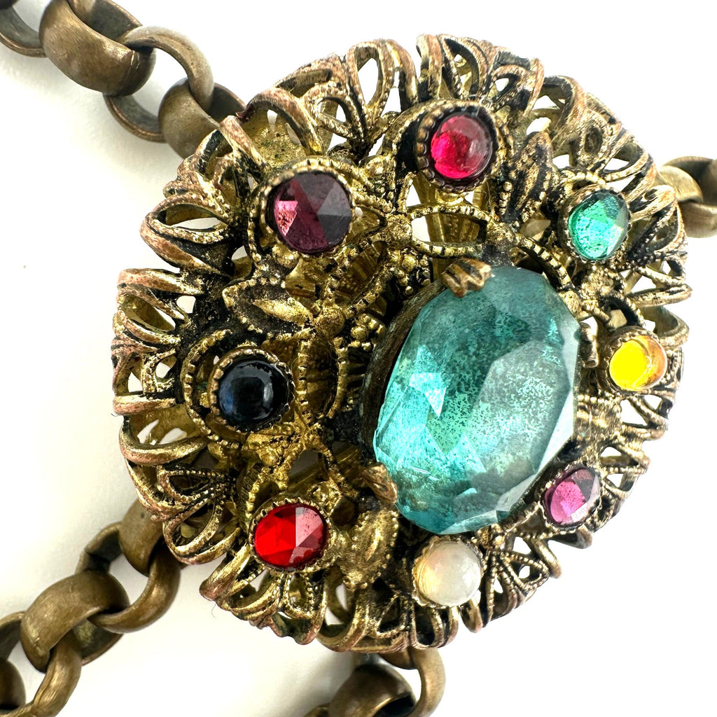 Antique Art Deco gold tone brass Czech glass rhinestones slider tassel necklace