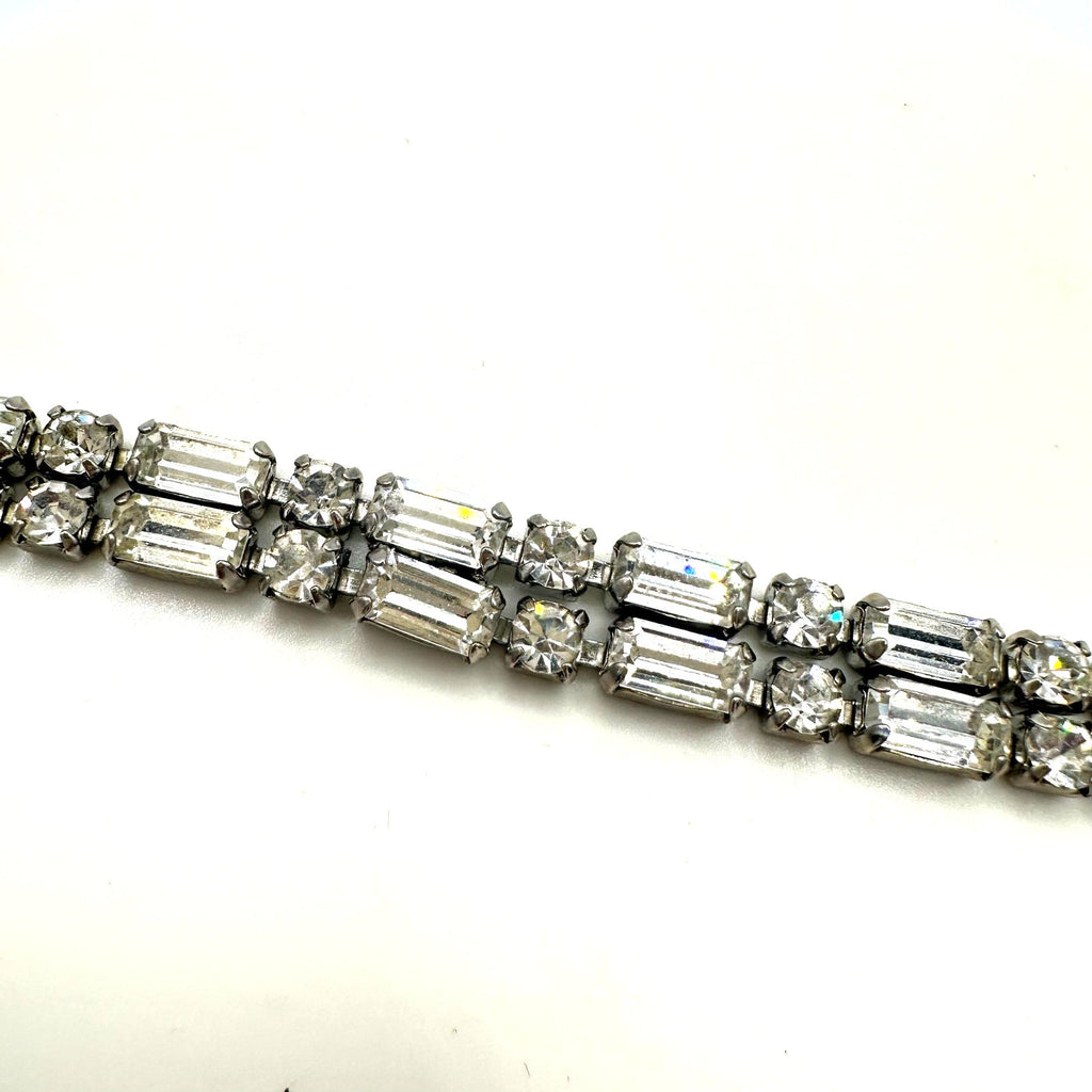 1950s vintage silver tone 2 row clear faceted glass rhinestones tennis bracelet