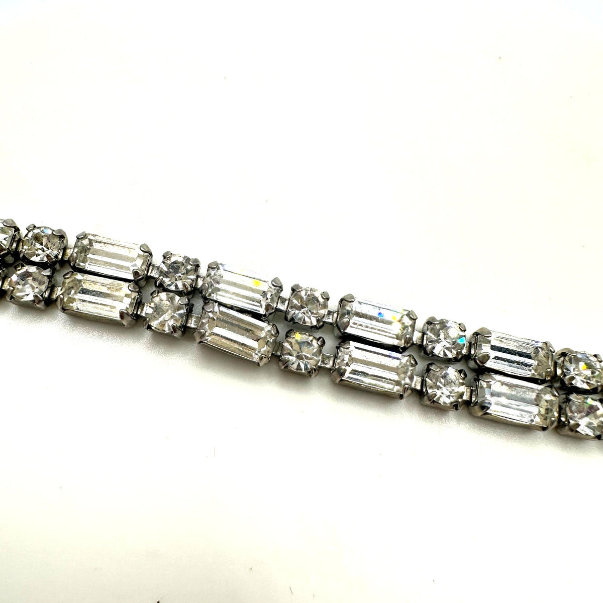 1950s vintage silver tone 2 row clear faceted glass rhinestones tennis bracelet