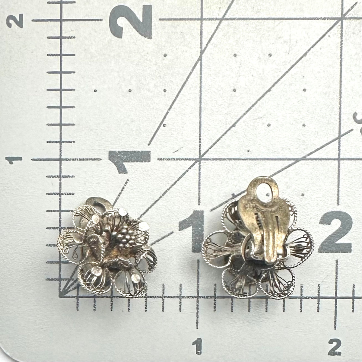 Antique vintage 800 silver handmade filigree flowers floral clip on earrings