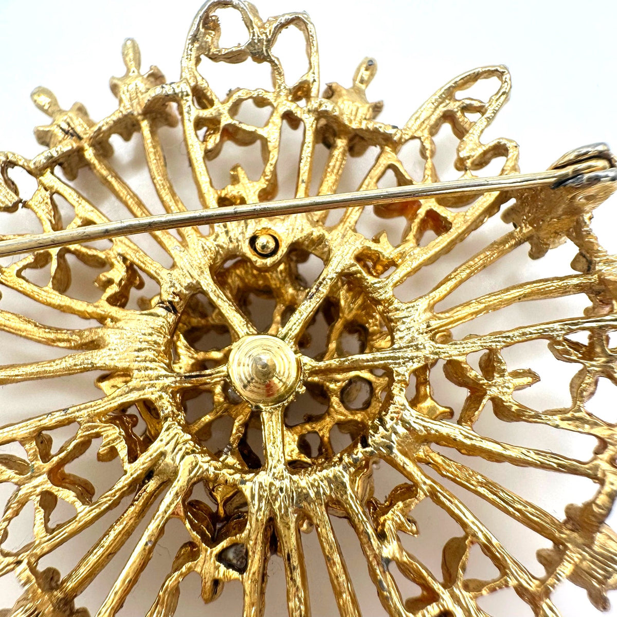 Vintage gold tone pink opalite glass rhinestones cream enamel flowers brooch