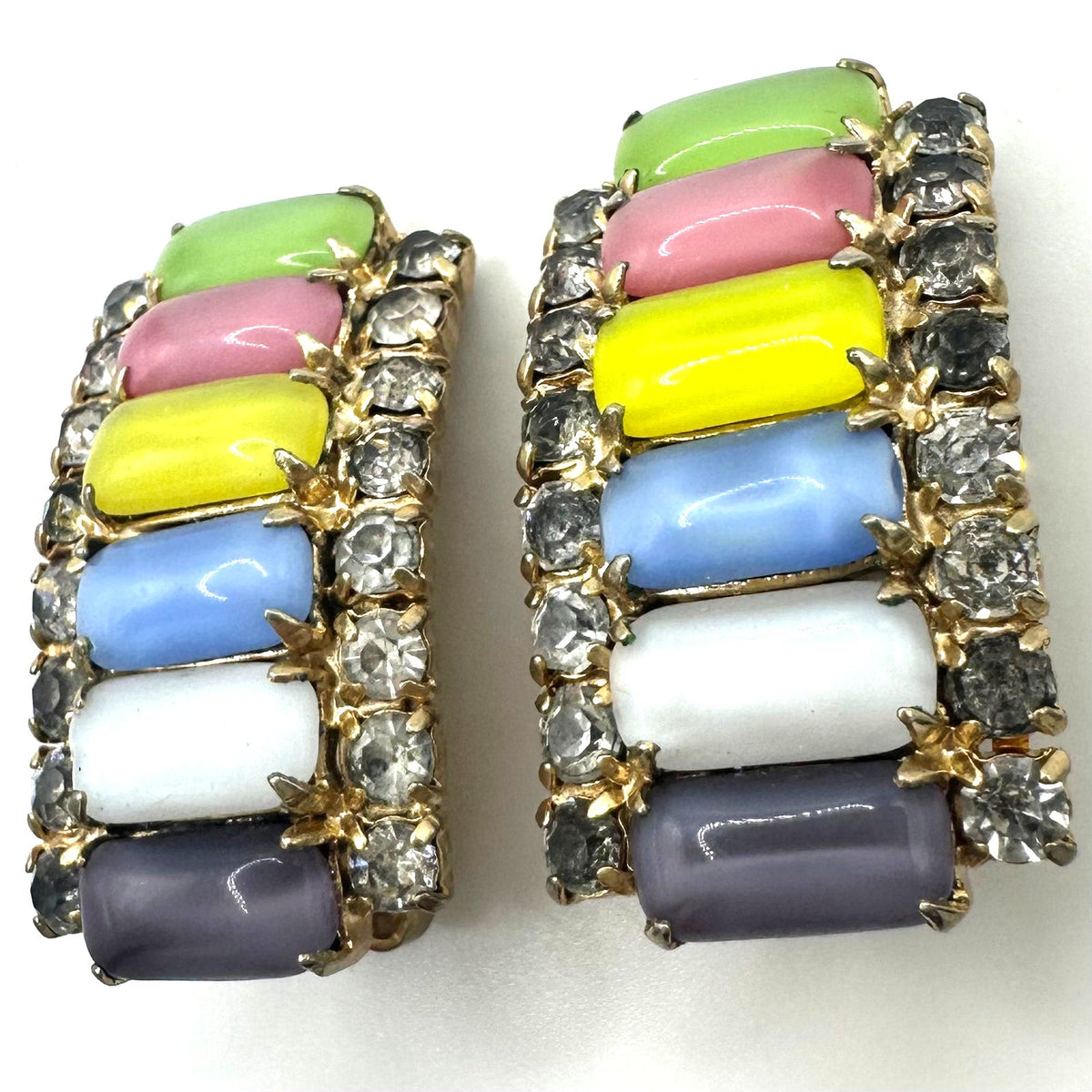 Vintage gold tone multicolor satin glass cabochons rhinestones clip on earrings