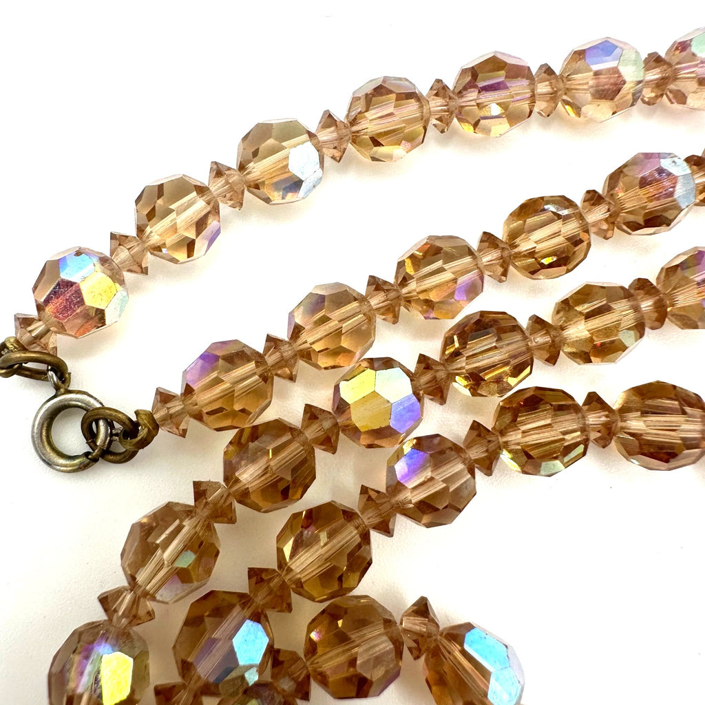 Vintage faux topaz faceted glass aurora borealis AB beads beaded 49” necklace