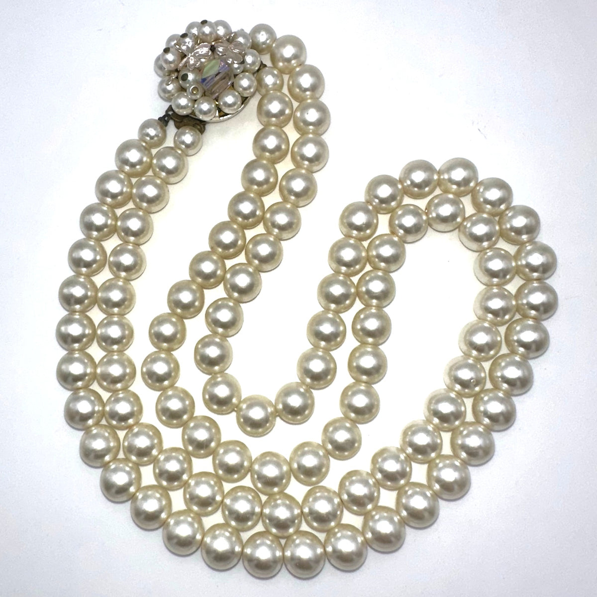 Vintage 2 double strand white lucite pearls beads beaded AB glass clasp necklace
