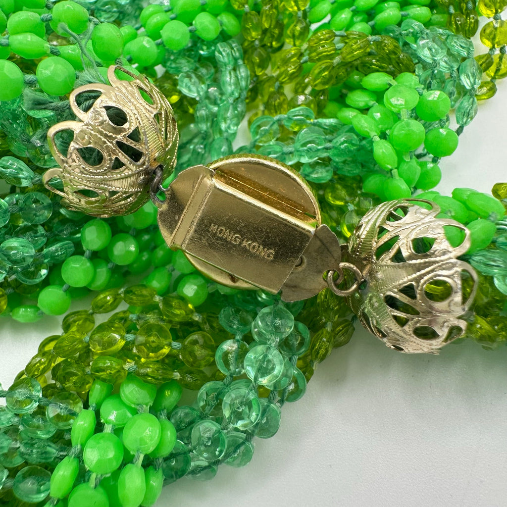Hong Kong vintage 40" multi strand braided green lucite beads beaded necklace