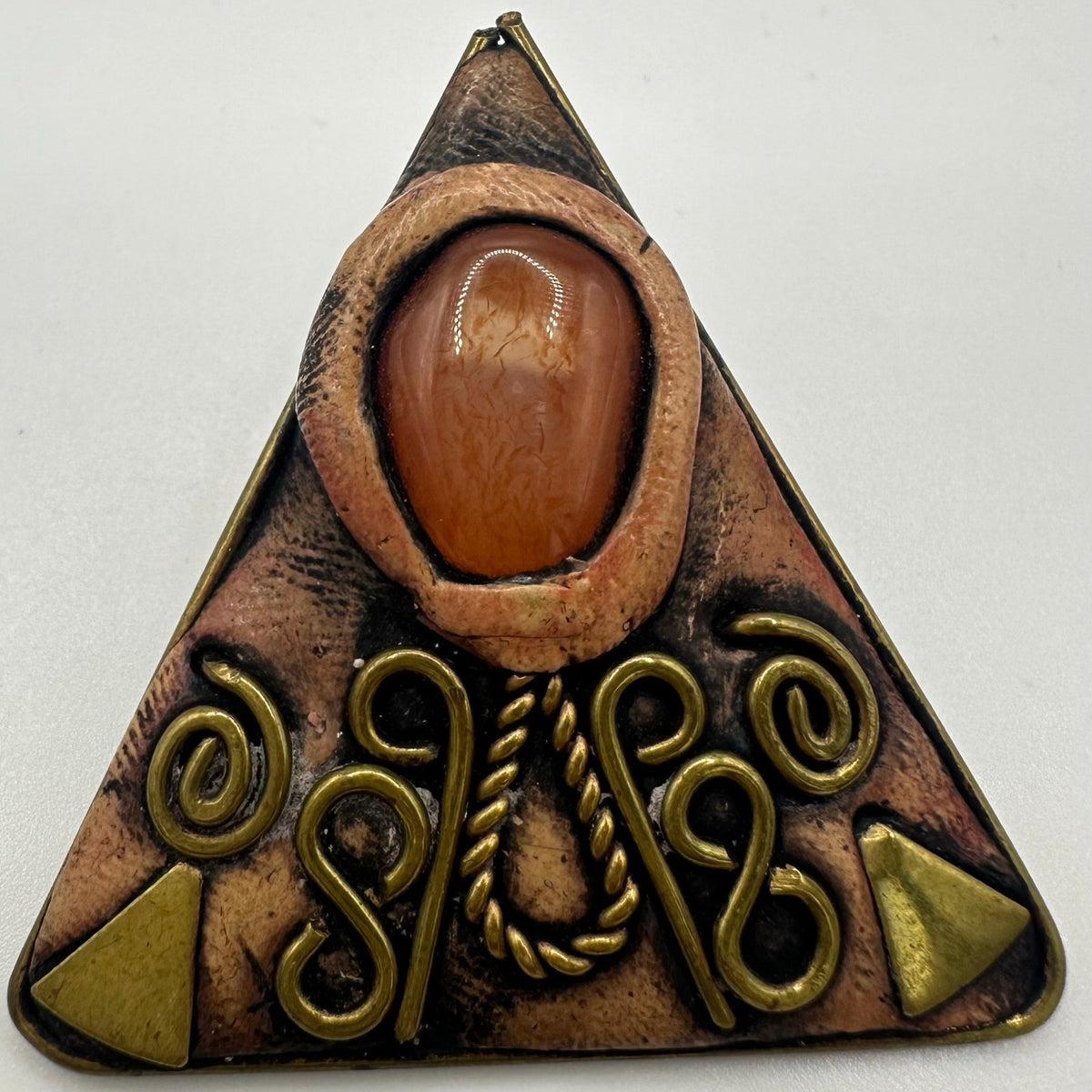Vintage gold tone brass genuine carnelian handmade triangle modernist brooch