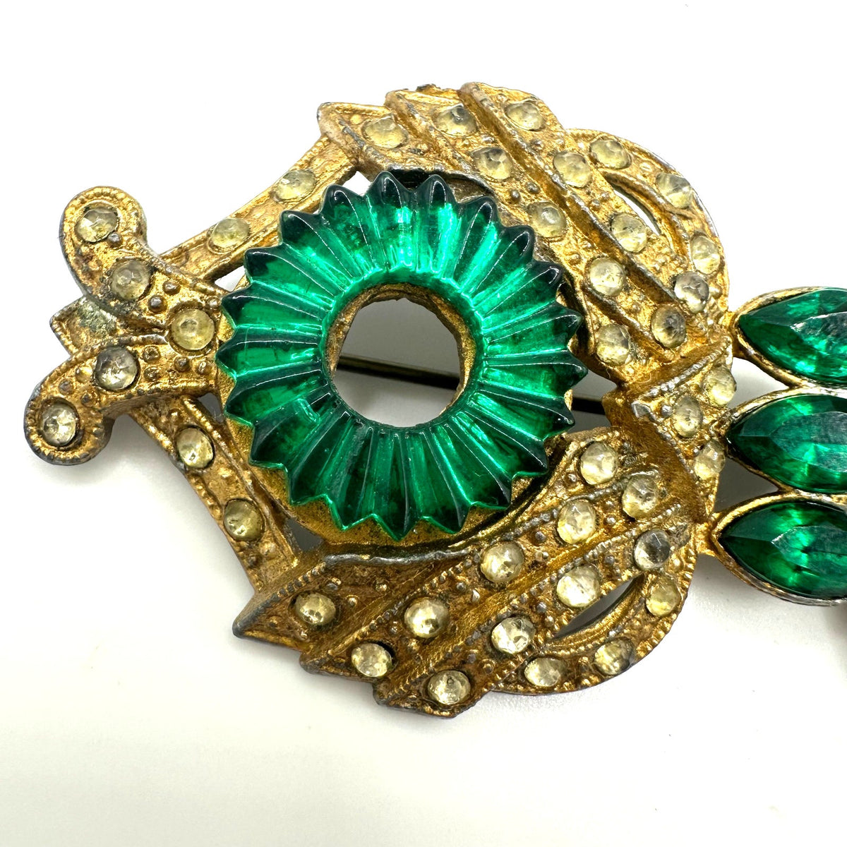 1930s antique Art Deco gold tone pot metal green clear Czech rhinestones brooch