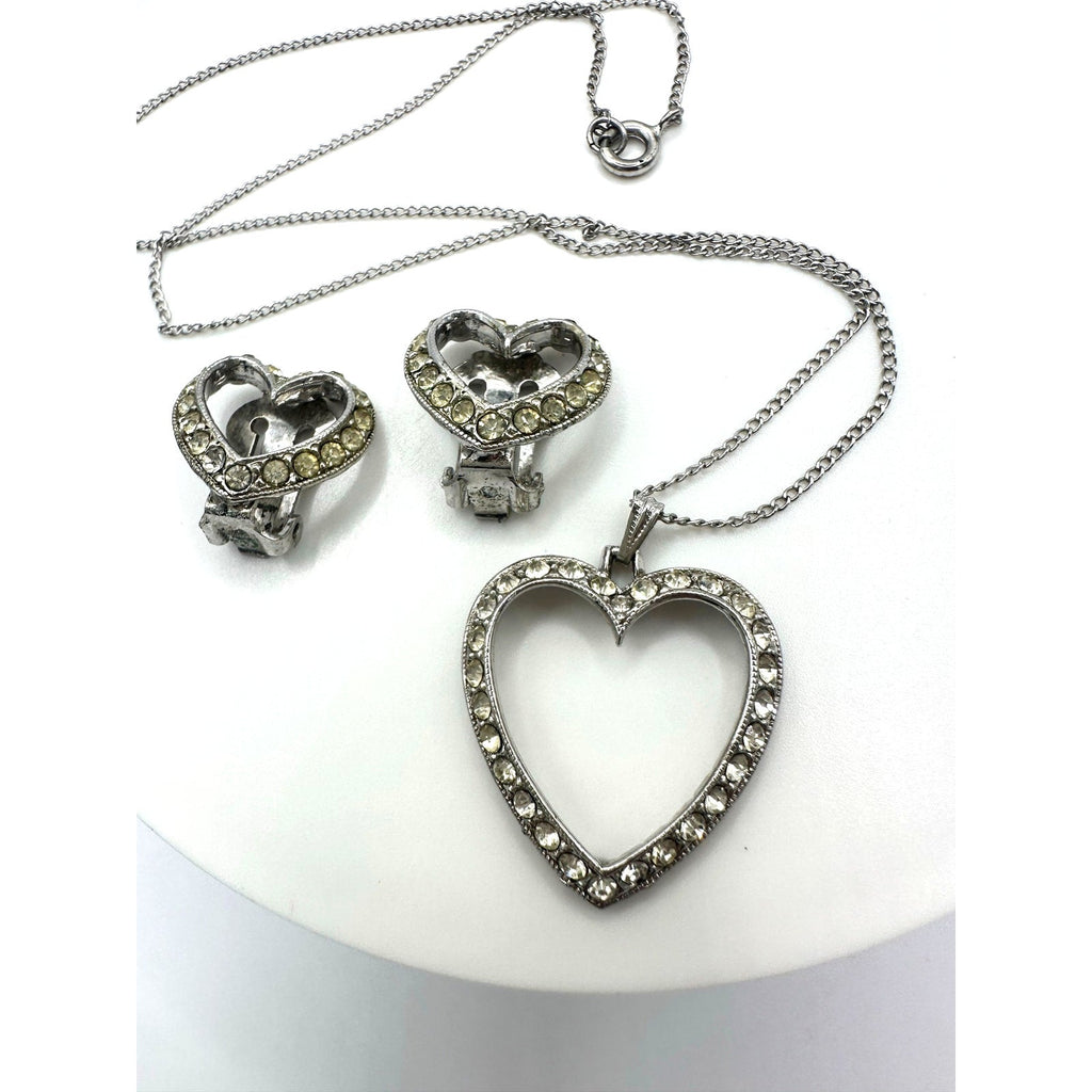 Bogoff vintage silver tone clear rhinestones heart necklace clip on earrings set