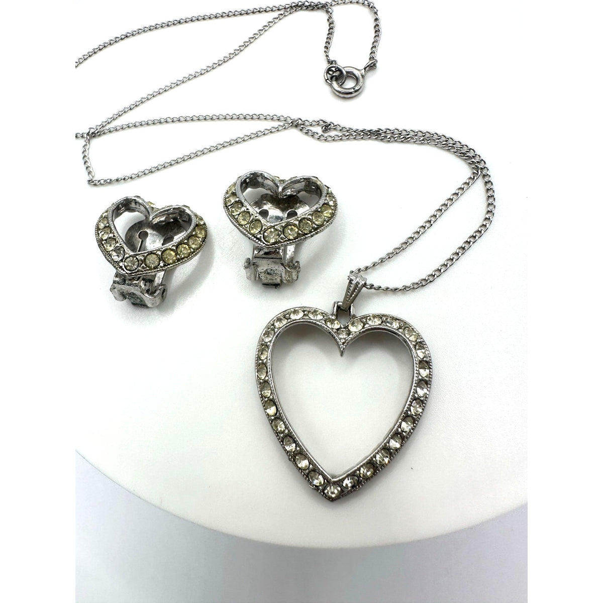 Bogoff vintage silver tone clear rhinestones heart necklace clip on earrings set