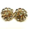 Vintage gold plated clear glass rhinestones round floral clip on earrings