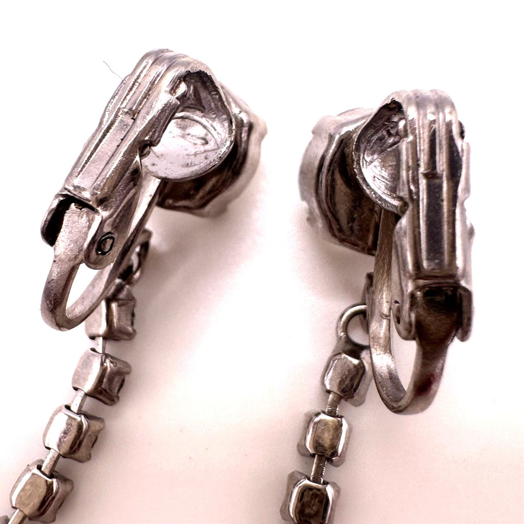 Vintage silver tone clear glass rhinestones ball dangle drop clip on earrings