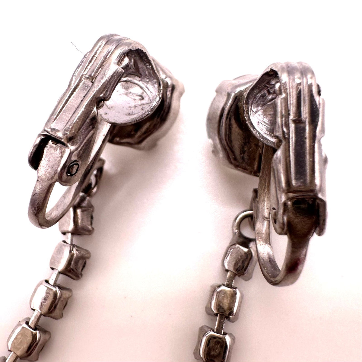 Vintage silver tone clear glass rhinestones ball dangle drop clip on earrings