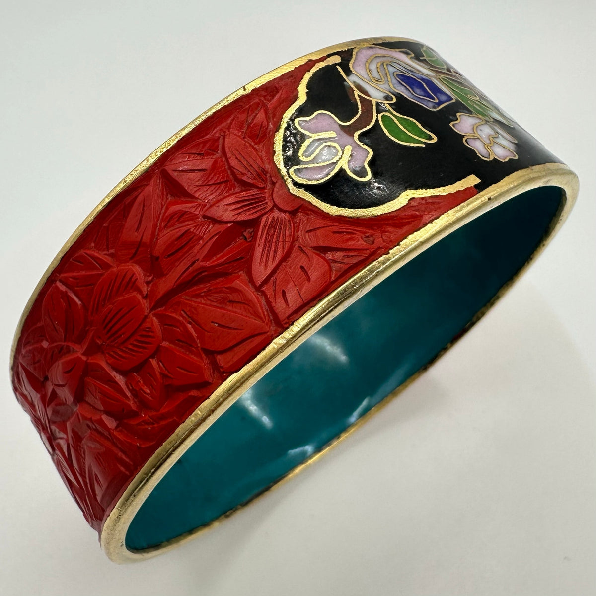 Vintage Chinese multicolor cloisonné enamel red carved cinnabar bangle bracelet