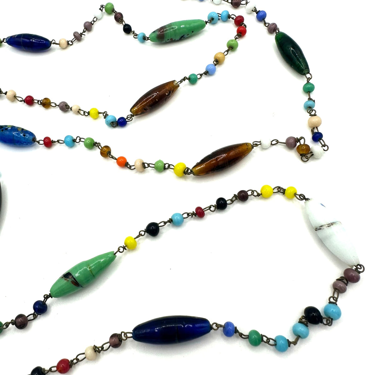 Antique Art Deco Czech art glass multicolor beads beaded brass 51" necklace