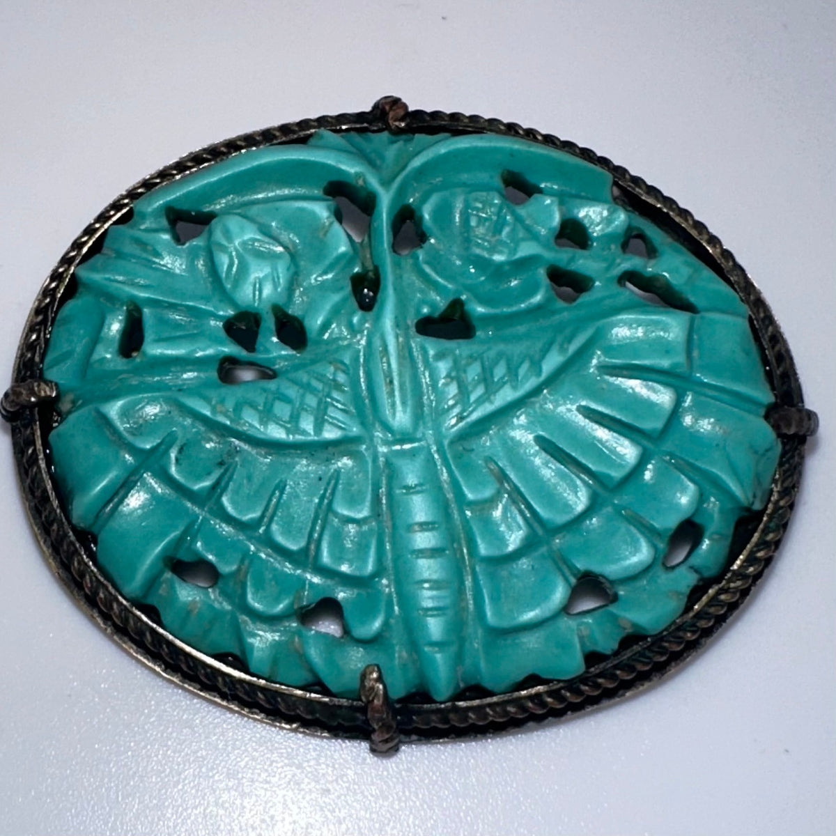Antique Chinese carved genuine turquoise sterling silver oval brooch pin 6.3g
