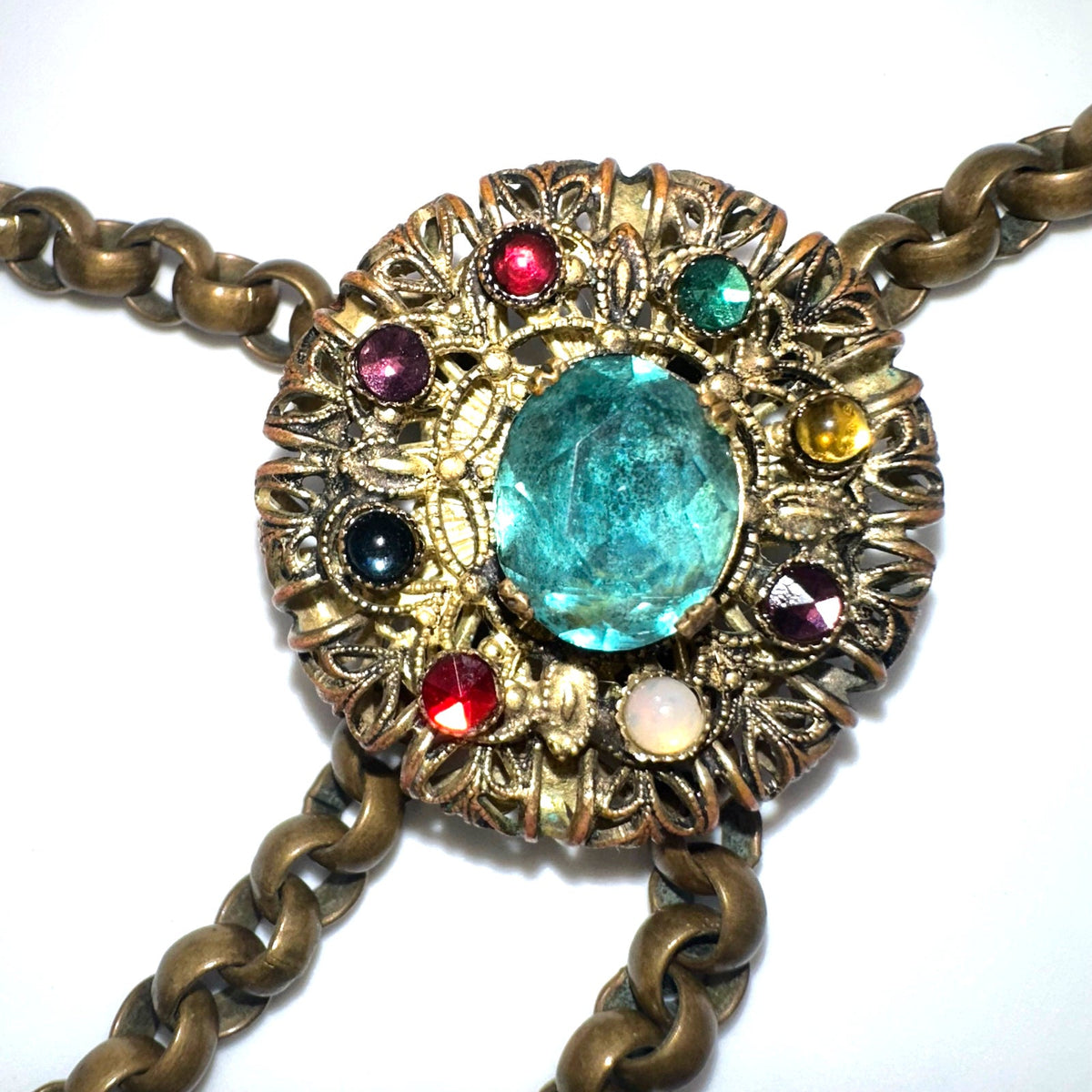 Antique Art Deco gold tone brass Czech glass rhinestones slider tassel necklace