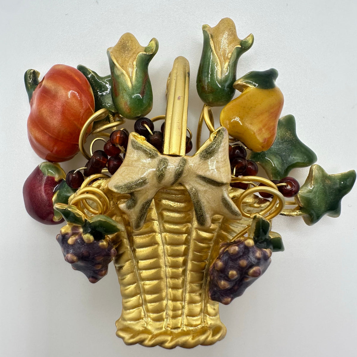 Vintage gold tone multicolor enamel fruits flowers floral basket brooch