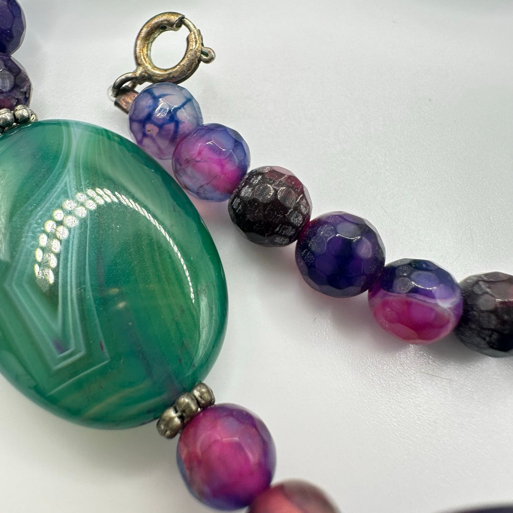 All semiprecious green pink purple dyed banded agate beads beaded necklace