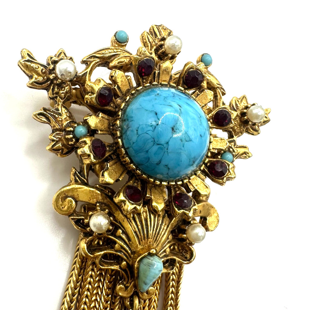Florenza Victorian Revival gold tone fringe rhinestones art glass brooch pendant