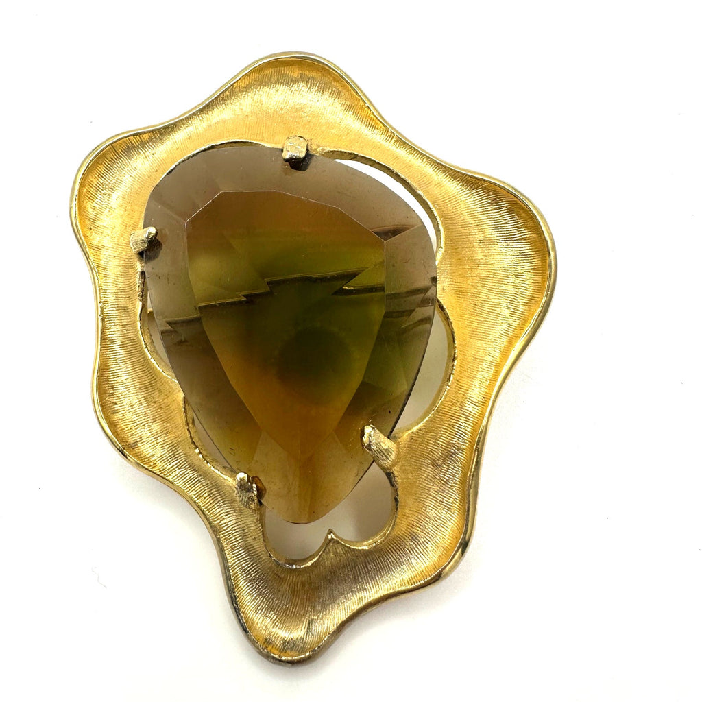 BSK vintage gold tone topaz brown green givré glass massive rhinestone brooch