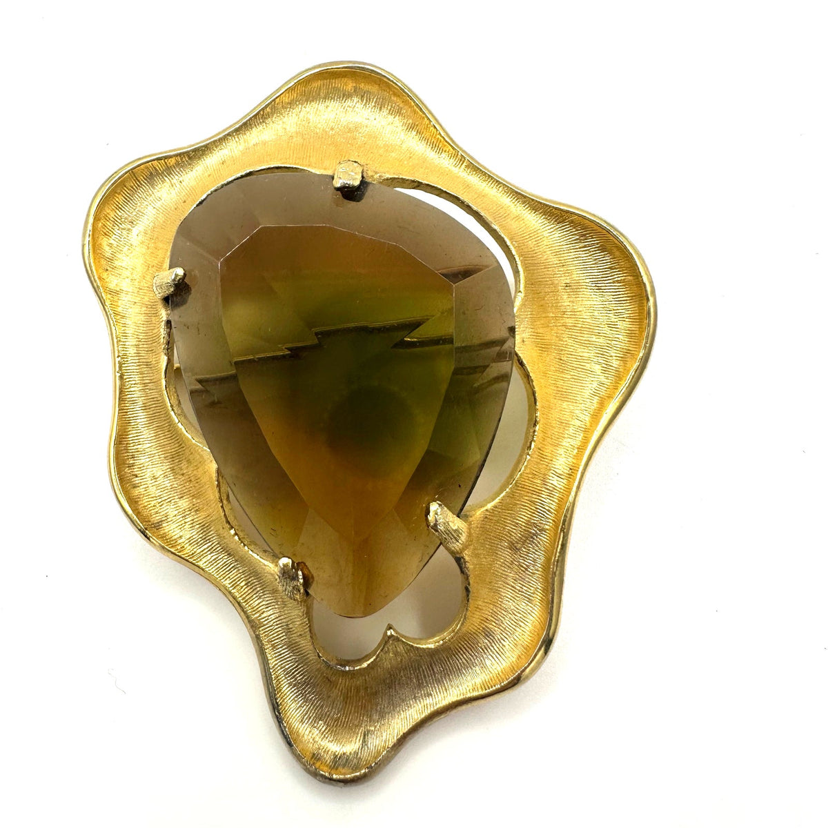 BSK vintage gold tone topaz brown green givré glass massive rhinestone brooch