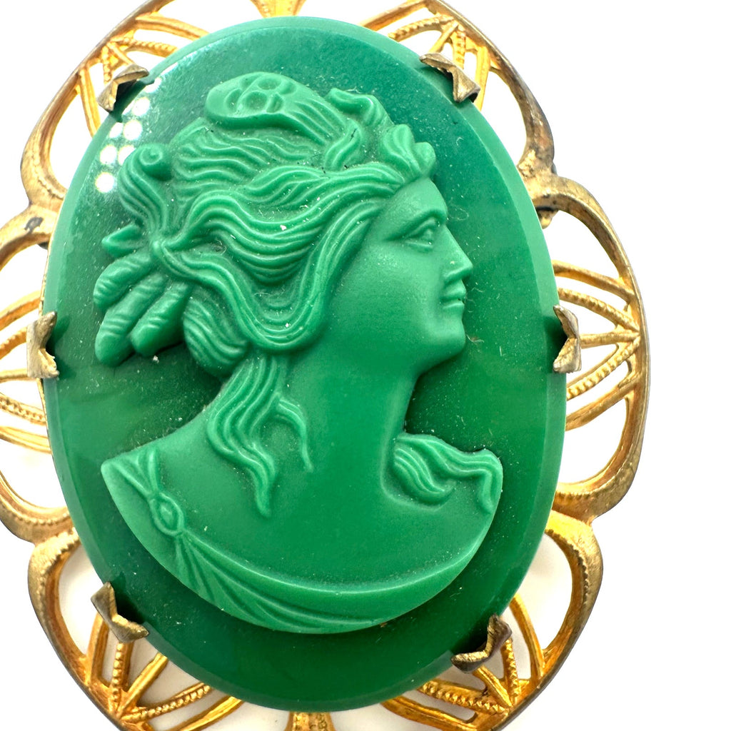 Antique vintage molded emerald green glass cameo gold tone brass brooch