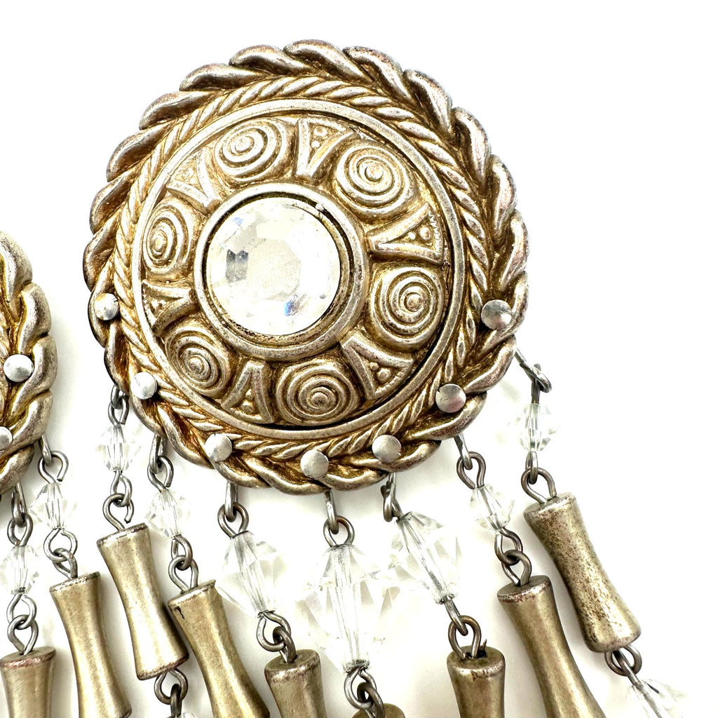 Vintage champagne gold tone clear beaded crystal drops dangle clip on earrings